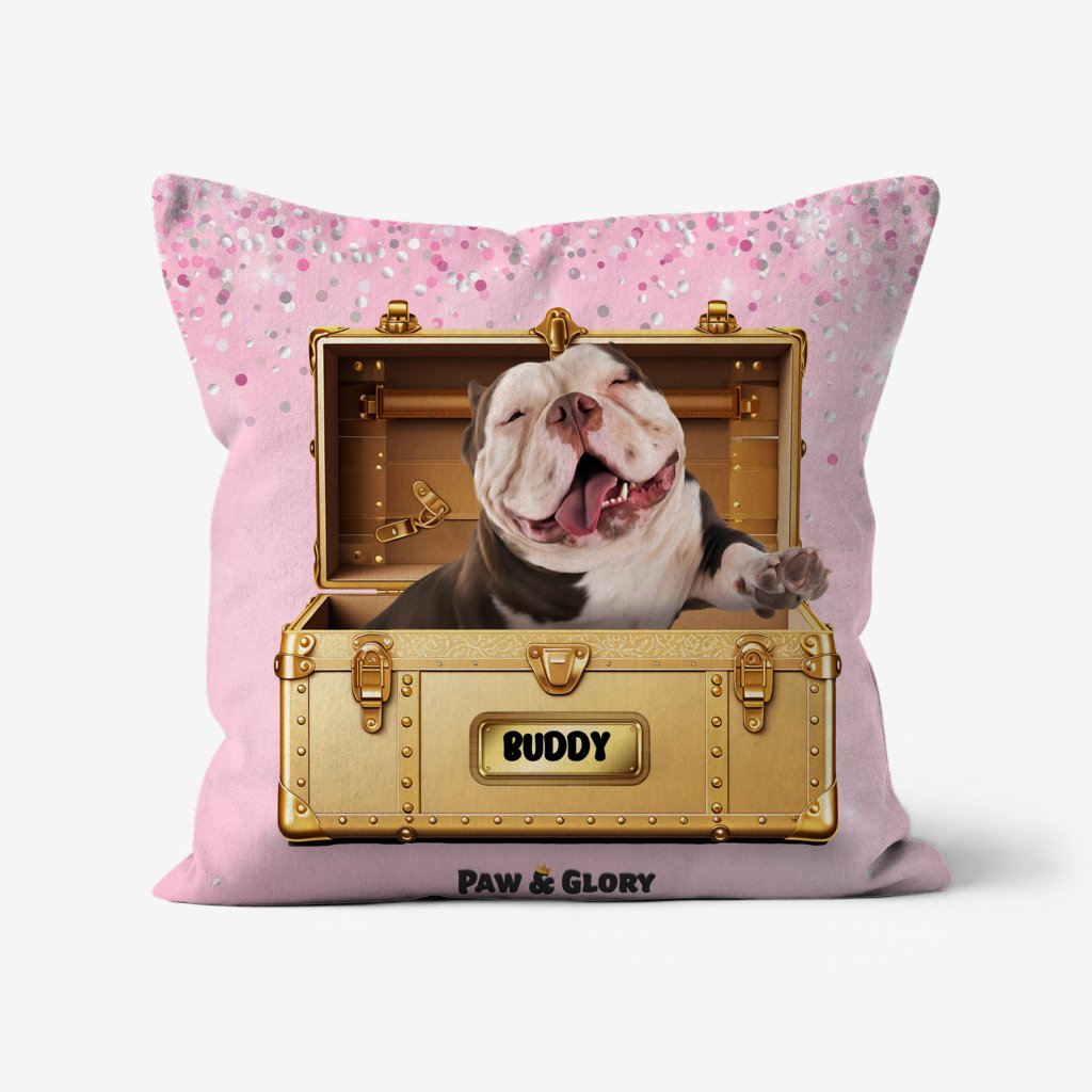 Glamour in Gold Luxury Trunk: Custom Pet Pillow - Paw & Glory - Dog Portraits - Pet Portraits