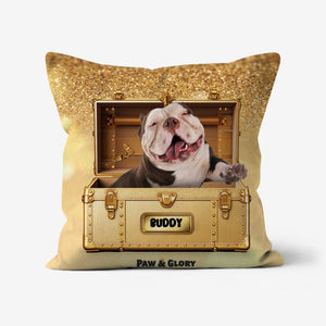 Glamour in Gold Luxury Trunk: Custom Pet Pillow - Paw & Glory - Dog Portraits - Pet Portraits