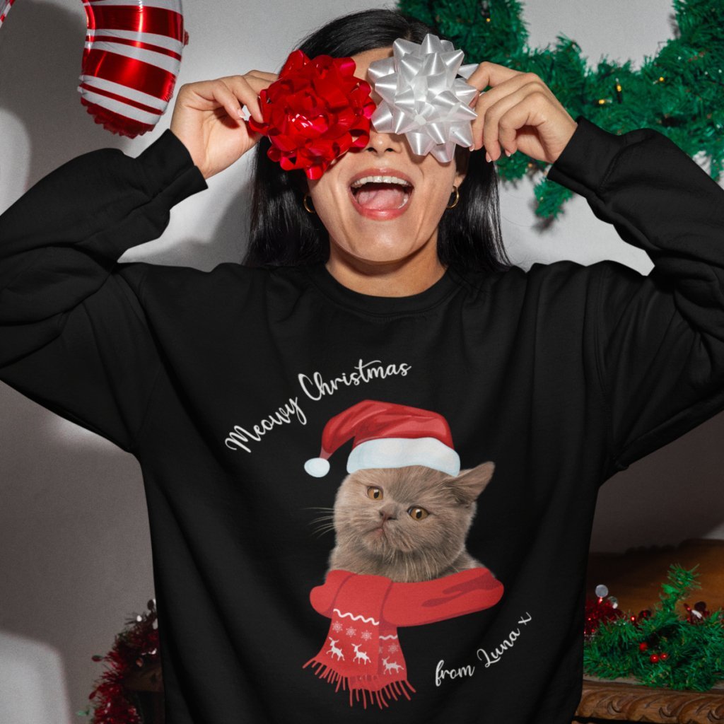 Meowy Christmas Custom Pet Sweatshirt - Paw & Glory - Dog Portraits - Pet Portraits