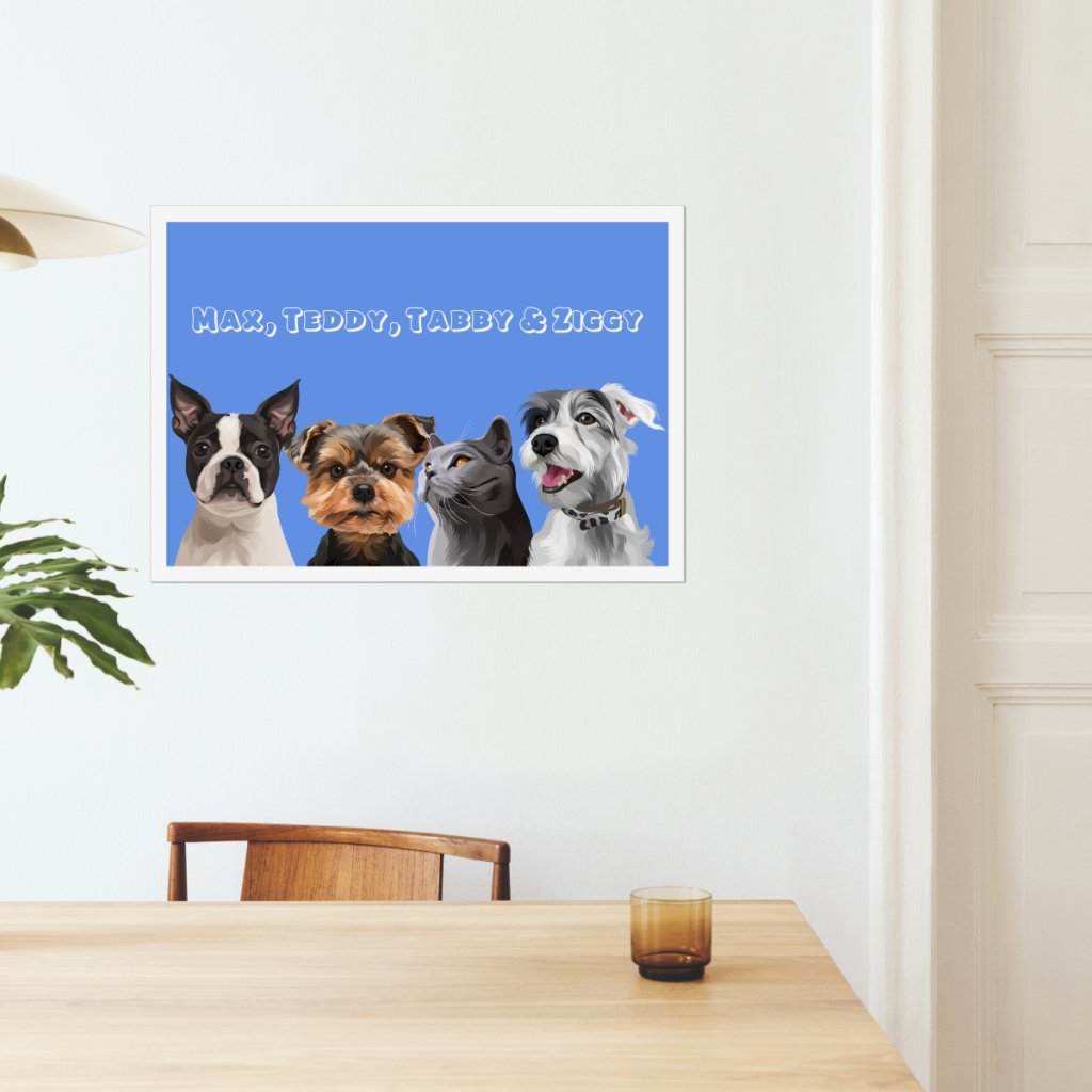 Modern: Custom Four Pet Poster (Hald Body) - Paw & Glory - Dog Portraits - Pet Portraits