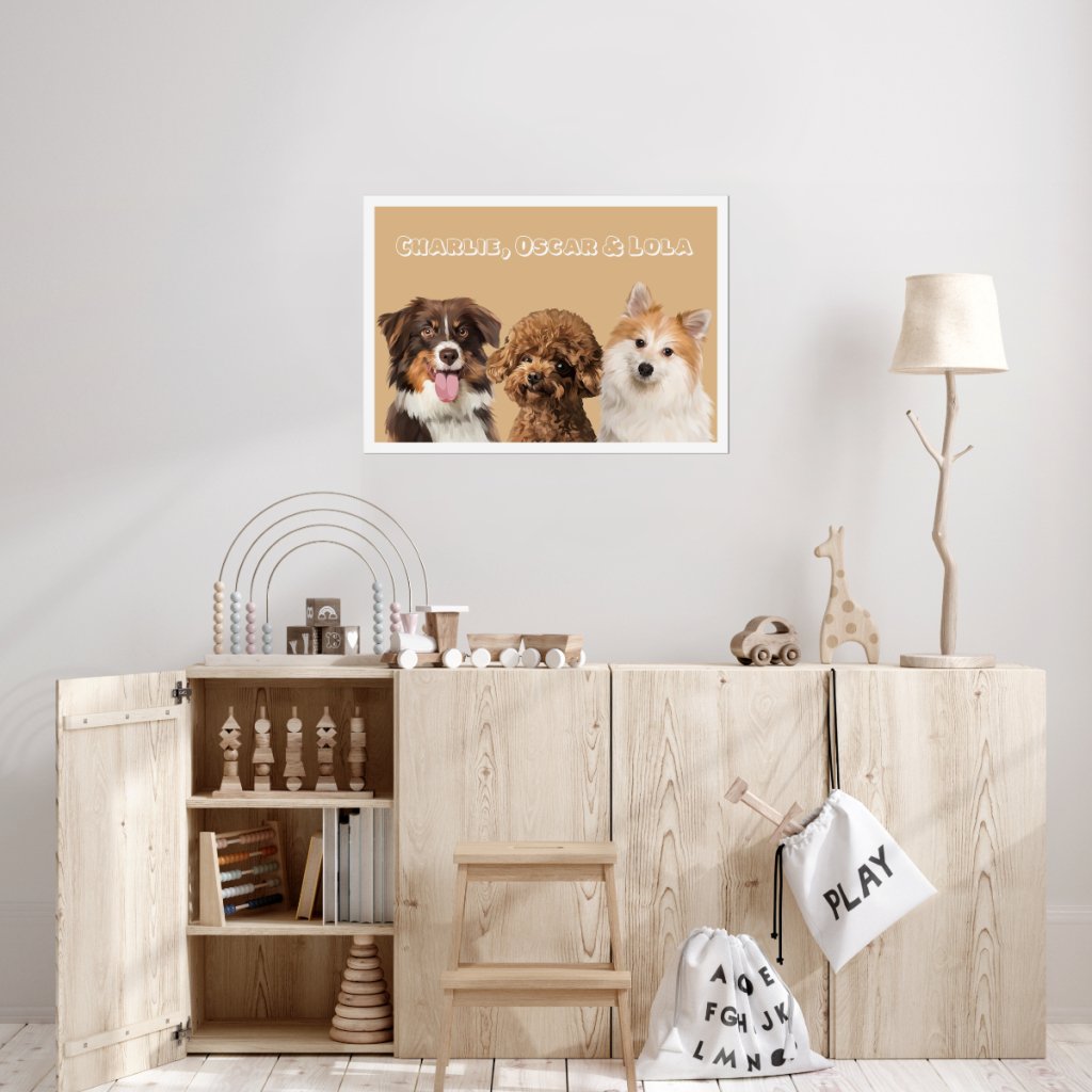 Modern: Custom Three Pet Poster (Half Body) - Paw & Glory - Dog Portraits - Pet Portraits