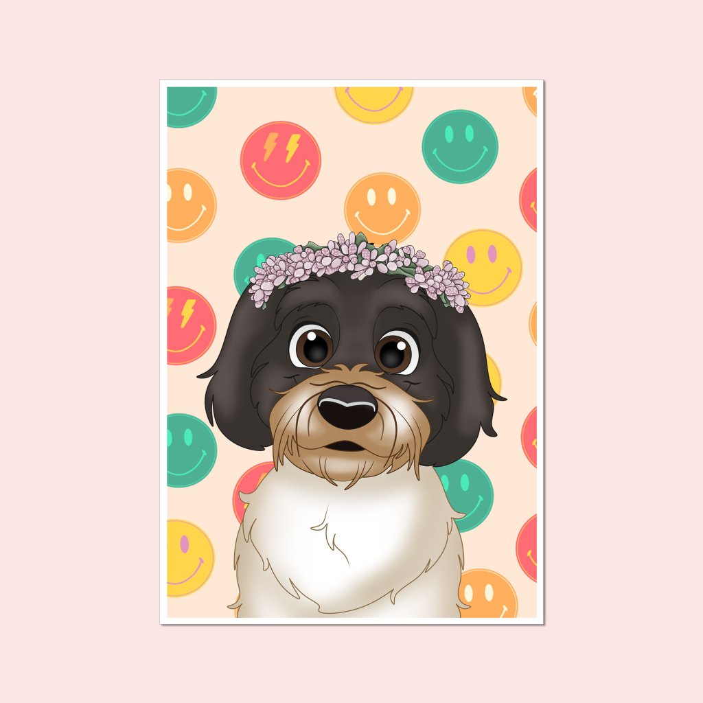 Pink Blossom Crown: Cartoon Pet Poster - Paw & Glory - Dog Portraits - Pet Portraits