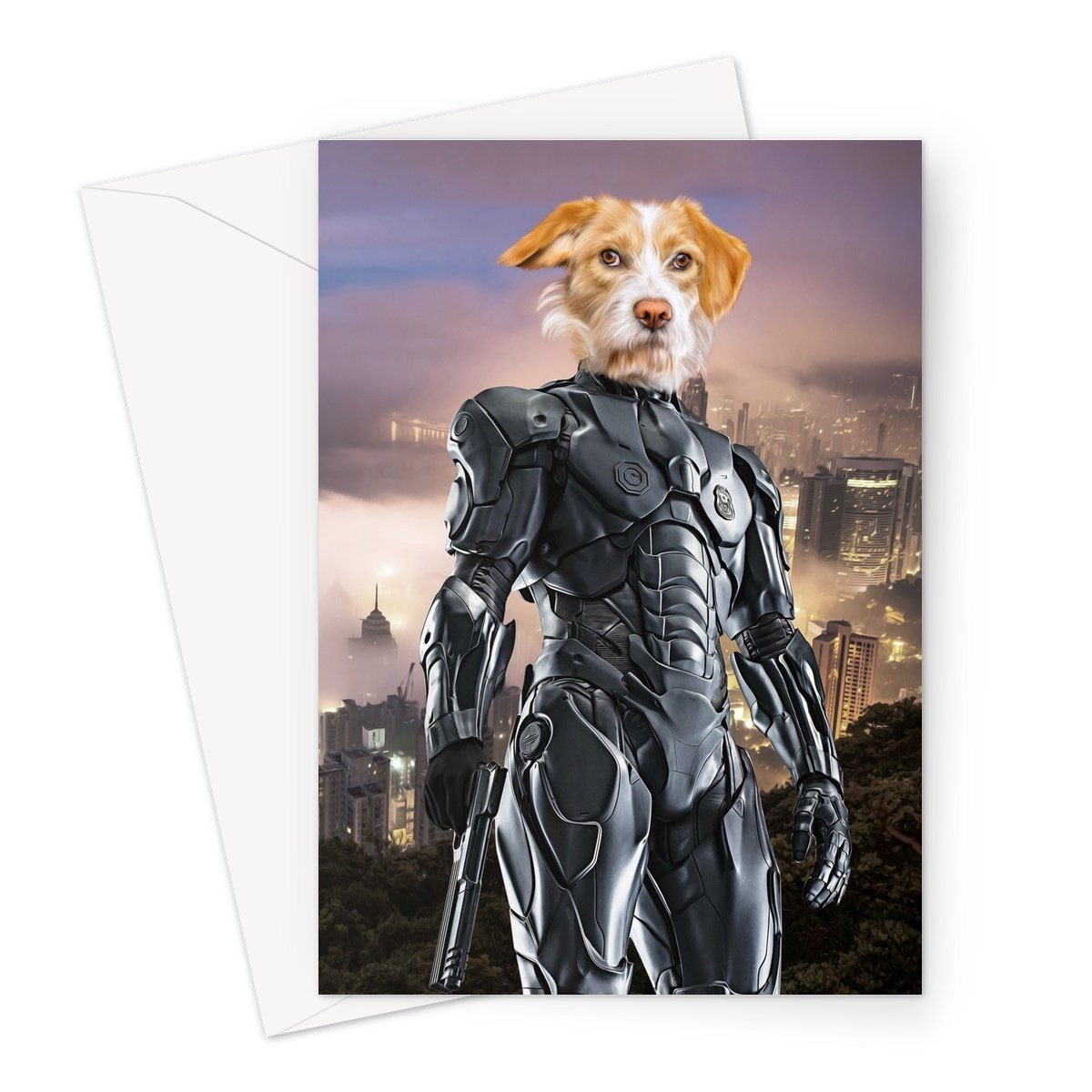 RoboPup (RoboCop Inspired): Custom Pet Greeting Card - Paw & Glory - Dog Portraits - Pet Portraits