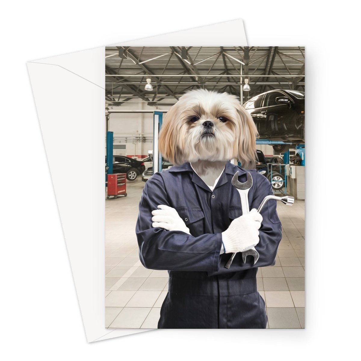 The Mechanic: Custom Pet Greeting Card - Paw & Glory - Dog Portraits - Pet Portraits