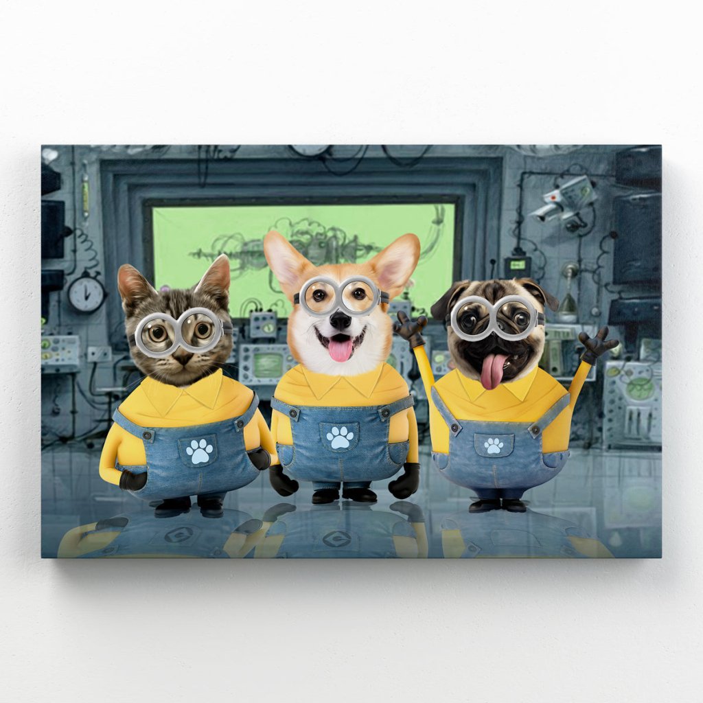 The Naughty Trio (Minions Inspired): Custom Pet Canvas - Paw & Glory - Dog Portraits - Pet Portraits