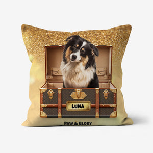 Woofy Vuitton Luxury Trunk: Custom Pet Pillow - Paw & Glory - Dog Portraits - Pet Portraits