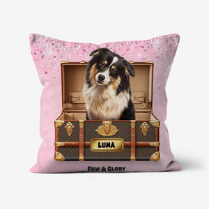 Woofy Vuitton Luxury Trunk: Custom Pet Pillow - Paw & Glory - Dog Portraits - Pet Portraits