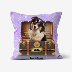 Woofy Vuitton Luxury Trunk: Custom Pet Pillow - Paw & Glory - Dog Portraits - Pet Portraits