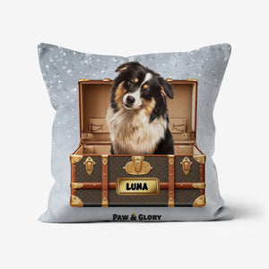 Woofy Vuitton Luxury Trunk: Custom Pet Pillow - Paw & Glory - Dog Portraits - Pet Portraits